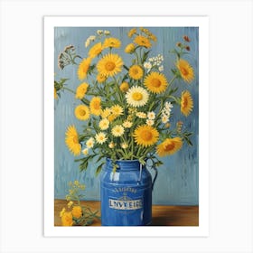 Yellow Daisies In A Blue Vase Art Print