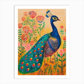 Peacock With The Roses Illustration Art Print