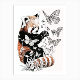 Red Panda Cub Playing With Butterflies Ink Illustration 4 Art Print