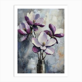 Purple Magnolia Flowers On Canvas With Texture In The Grayscale Art Print