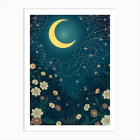 Night Sky With Flowers And Moon Art Print