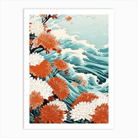 Great Wave With Chrysanthemum Flower Drawing In The Style Of Ukiyo E 2 Art Print