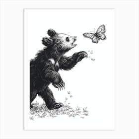 Malayan Sun Bear Cub Chasing After A Butterfly Ink Illustration 1 Art Print