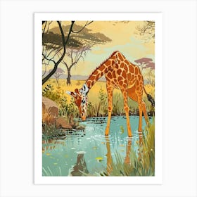 Giraffe By The Watering Hole Watercolour Illustration 3 Art Print