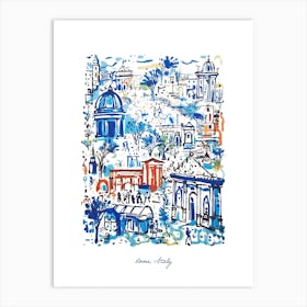 Rome Italy Landmarks Illustration Line Art Travel Blue Art Print