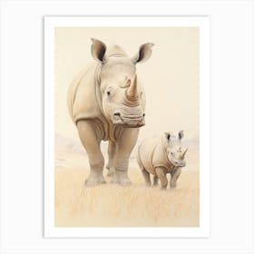 Rhino & Young Rhino Walking Through The Grass Vintage Illustration Art Print