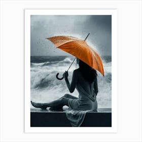 Orange Umbrella In The Rain Art Print