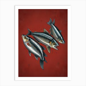 Three Fish On Red Background Art Print