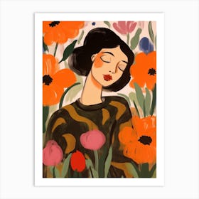 Woman With Autumnal Flowers Poppy 2 Art Print