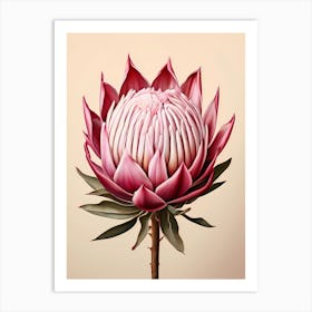 A Digital Painting Of A Large Protea Flower Centered In The Composition Against A Solid Beige Backg (1) Art Print