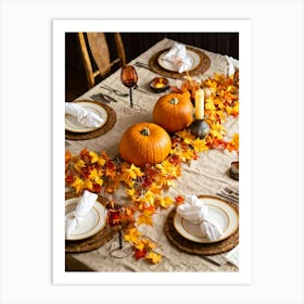 Autumn Themed Dinner Table Centerpiece Of Intertwined Golden Orange Pumpkin Vines Scattered Leaves (6) Art Print