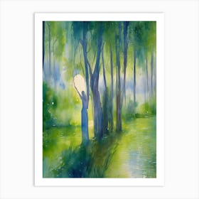 Dryads Optical Illusion Women Nymphs Trapped in the Woods Camouflaged Watercolor Awaiting a Victim Wailing Sirens - Interesting Impressionism Green Blue Birch and Willow Tree Forest and Lake - Pagan Feature Gallery Wall Siren Calling HD 1 Art Print