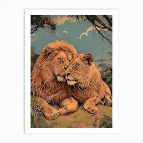 Barbary Lion Relief Illustration Family 2 Art Print
