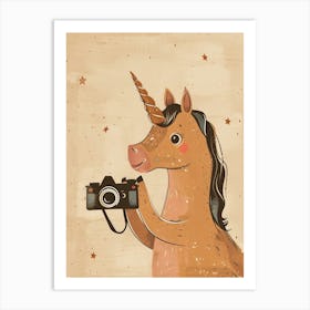 Unicorn Taking A Photo On An Analogue Camera Beige Watercolour Art Print