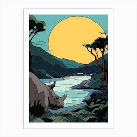 Rhino & The Sunset In The Dry Landscape 1 Art Print