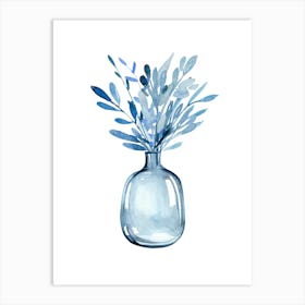 Blue Watercolour Leaves In Vase Art Print Art Print