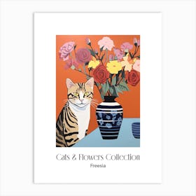 Cats & Flowers Collection Freesia Flower Vase And A Cat, A Painting In The Style Of Matisse 3 Art Print