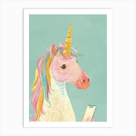 Pastel Unicorn On A Smart Phone Storybook Style Art Print