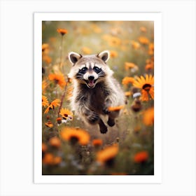 Cute Funny Barbados Raccoon Running On A Field Wild 4 Art Print