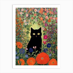 Flower Garden And A Black Cat, Inspired By Klimt 5 Art Print