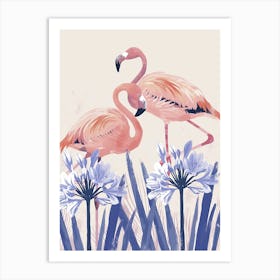 Lesser Flamingo And Agapanthus Minimalist Illustration 1 Art Print