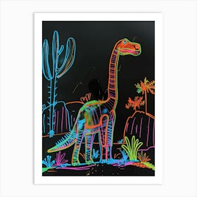 Neon Dinosaur Line Drawing In The Desert Art Print