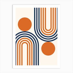 Mid Century Modern Geometric in classy navy blue orange (Rainbow and Sun Abstract Design) Art Print