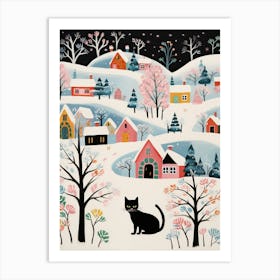 Black Cat In The Snow Winter Art Art Print