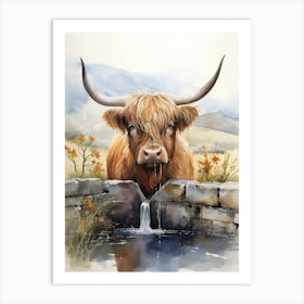 Highland Cow Drinking For Brickwork Trough 2 Art Print