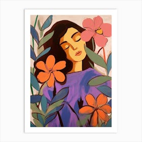 Woman With Autumnal Flowers Periwinkle Art Print