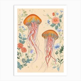 Folksy Floral Animal Drawing Jellyfish 2 Art Print