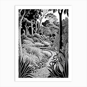 Ballarat Botanical Gardens, Australia Linocut Black And White Vintage Art Print