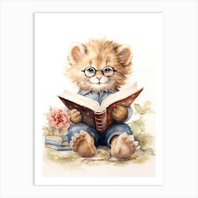 Reading Books Watercolour Lion Art Painting 2 Art Print