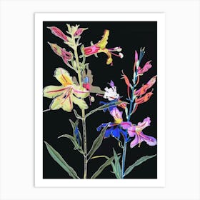 Neon Flowers On Black Larkspur 4 Art Print