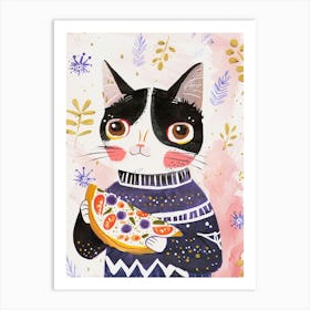 Happy Black And White Cat Eating Pizza Folk Illustration 4 Art Print