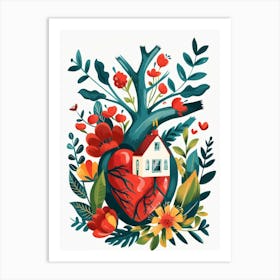 Heart With House And Flowers Art Print