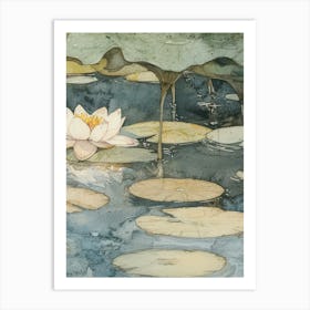 Water Lilies Print Vintage Flowers Pond Watercolour 3 Art Print