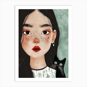 Asian Girl With Cat Art Print