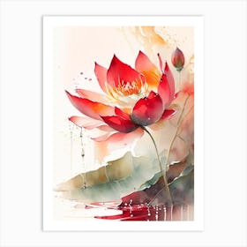 Red Lotus Storybook Watercolour 4 Art Print