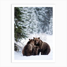 Three Brown Bears Huddle Together Under A Dense White Blanket Of Snow Gentle Snowflakes Falling Aro Art Print