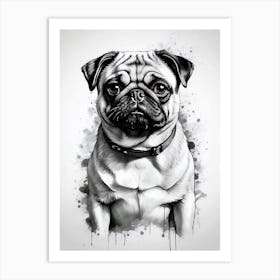 Pug Dog, portrait of pug head only, hand sketched, spiral in the eyes, black and white Art Print