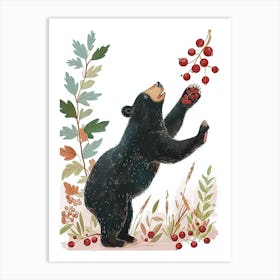 American Black Bear Standing And Reaching For Berries Storybook Illustration 1 Art Print