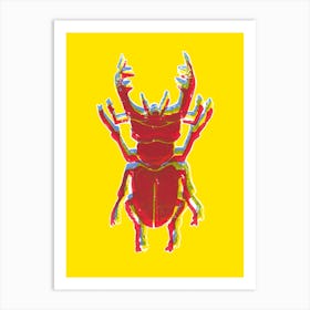 Stag Beetle Tricolore Lino Cut Red In Yellow Art Print