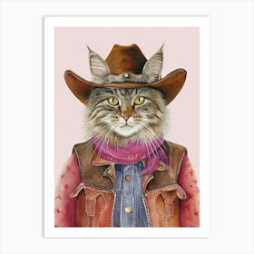 Brown Cat Cowboy Quirky Western Print Pet Decor 1 Art Print