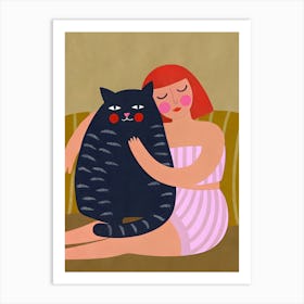 Woman Girl Hugging A Cat Art Print