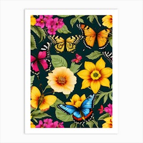 Seamless Pattern With Butterflies And Flowers 19 Art Print