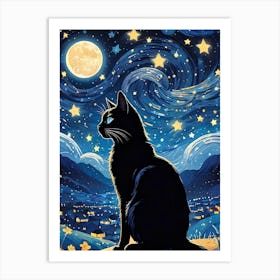 Black Cat Starry Night Art Print