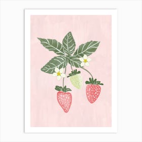 Strawberries and Flowers on pale pink background Painting Art Print