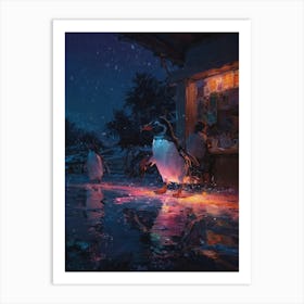 Penguins At Night 2 Art Print