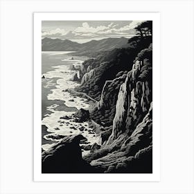 Tojinbo Cliffs In Fukui, Ukiyo E Black And White Line Art Drawing 1 Art Print